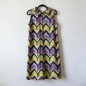 Vintage Geometric Chevron Floral Shift Dress Purple Yellow Sleeveless L